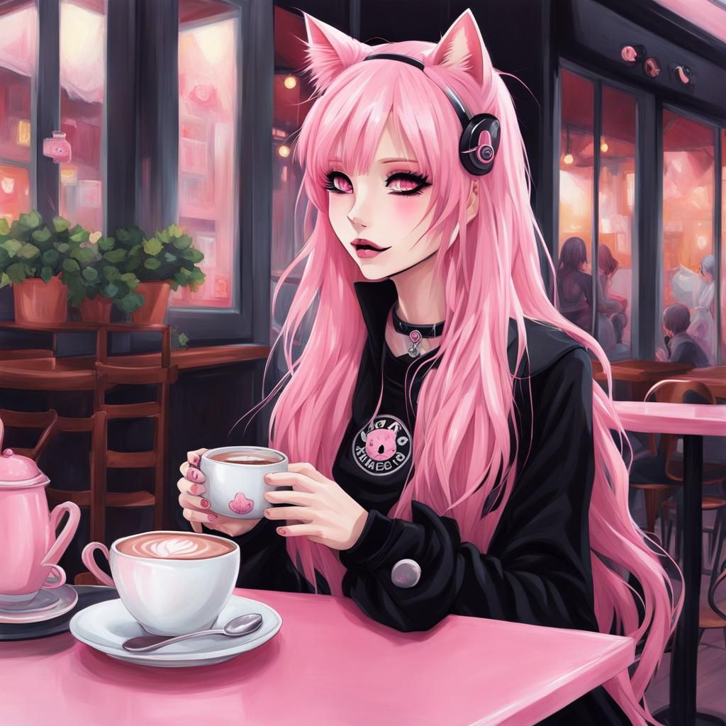 Pastel Goth Neko Girl Drinking Coffee at Cafe