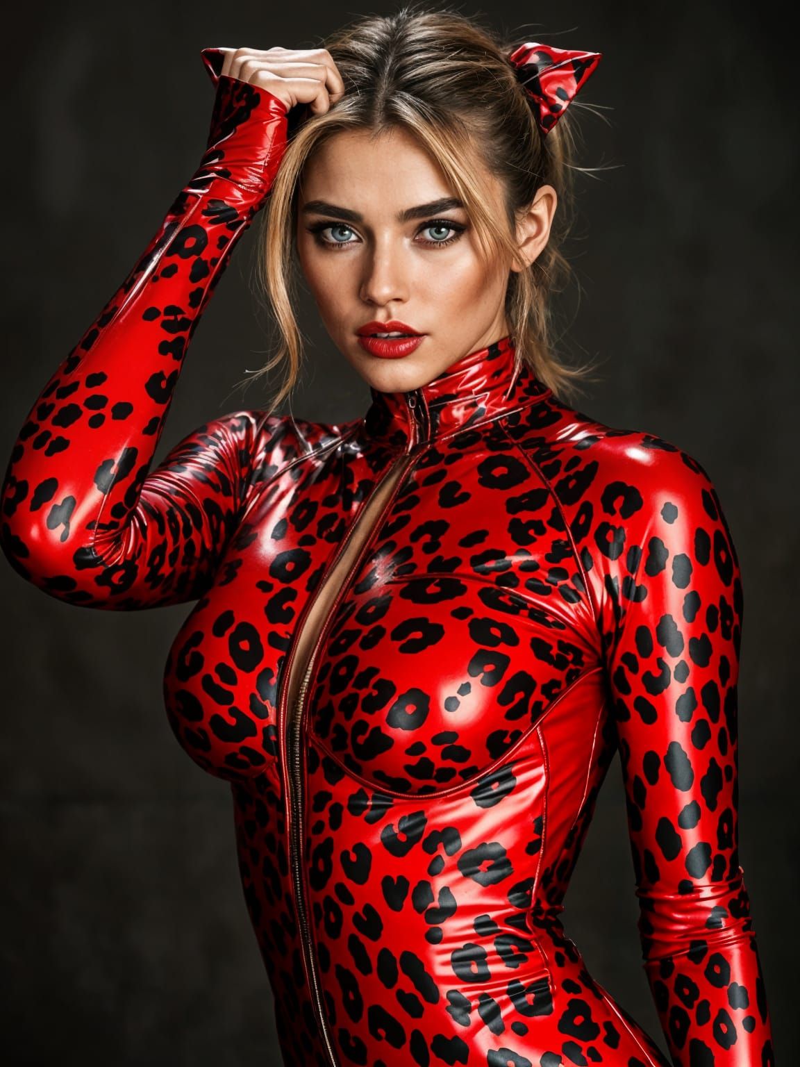 Model in Red Leopard Catsuit: Hyperrealistic Fashion