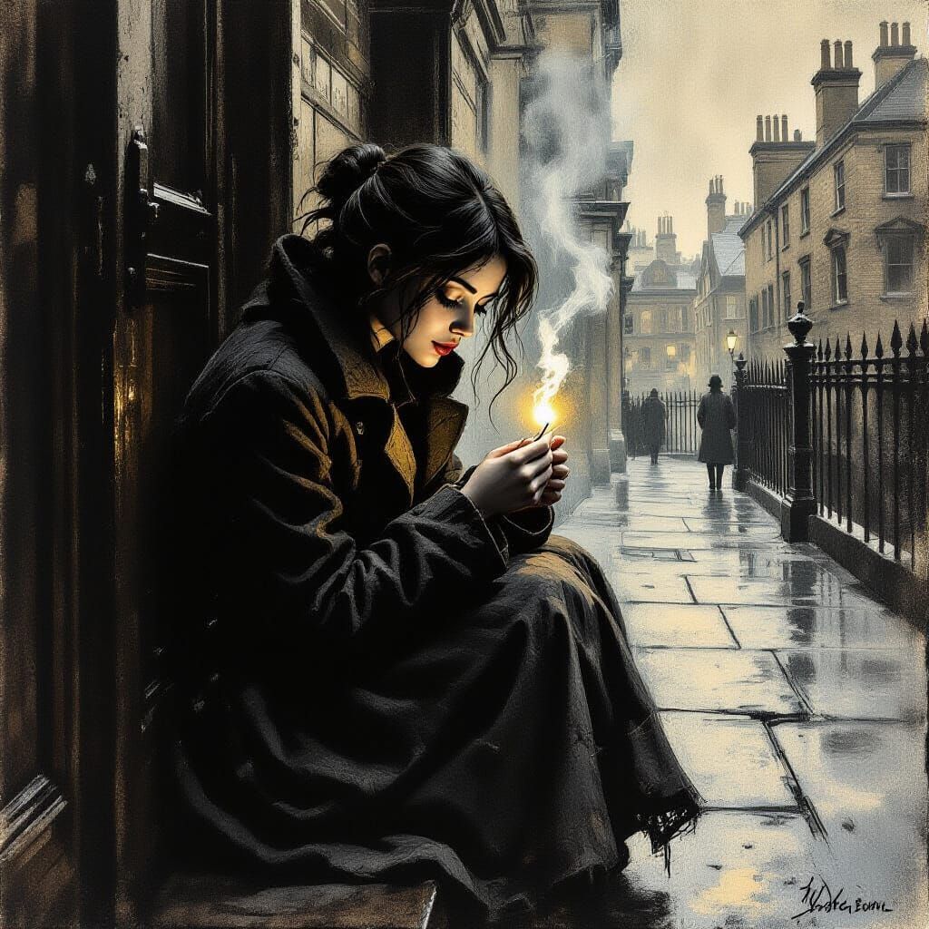 Victorian Matchstick Girl in Charcoal Style