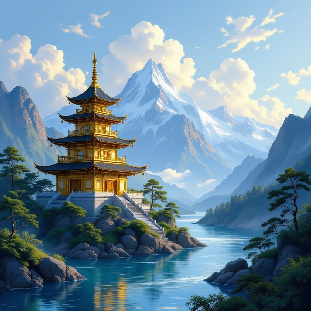 Golden Pagoda on Mountain Peak Overlooking River