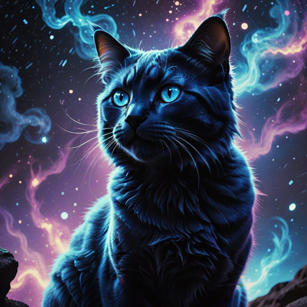 Cosmic Blue Cat with Fierce Gaze in Cinematic Style