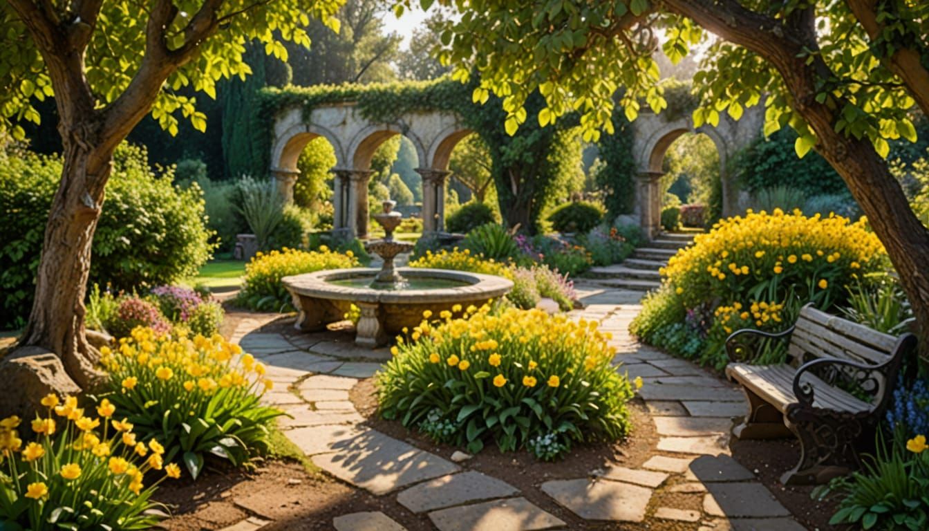 Rustic Garden Oasis in Vibrant Sunlight