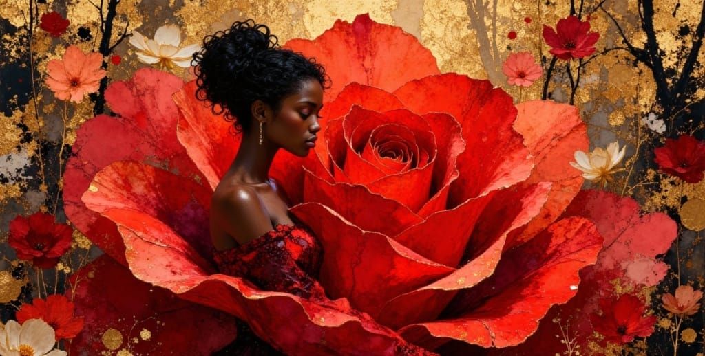 Elegant Woman Merging with Giant Rose in Floral Diorama