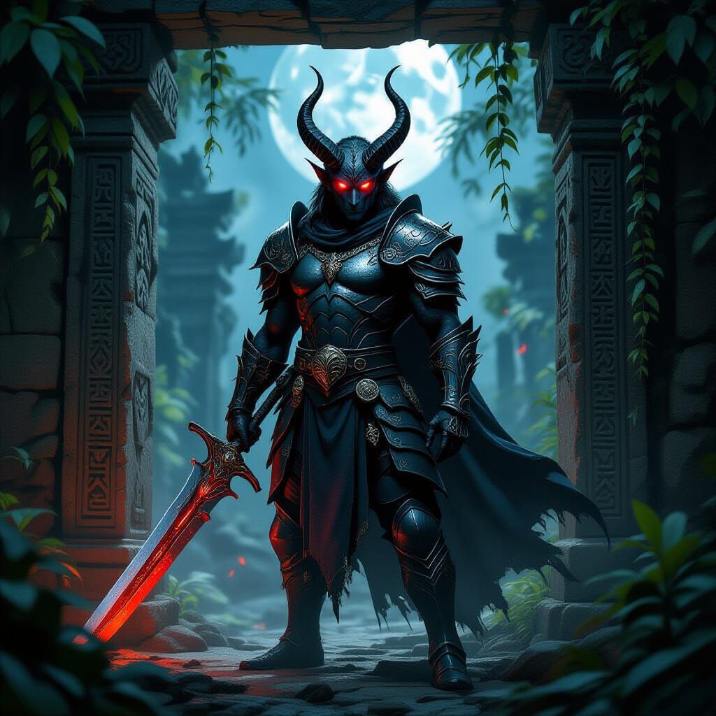 Tiefling Warrior Guarding Crumbling Temple Entrance