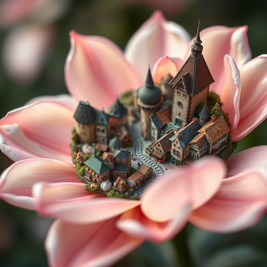 Miniature Village on a Delicate Flower in a Detailed Matte P...