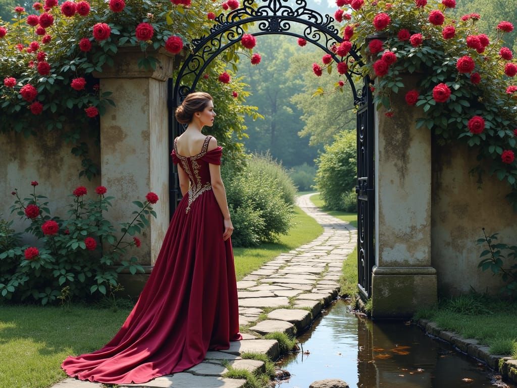 Romantic Garden Scene with Ornate Iron Gate and Roses