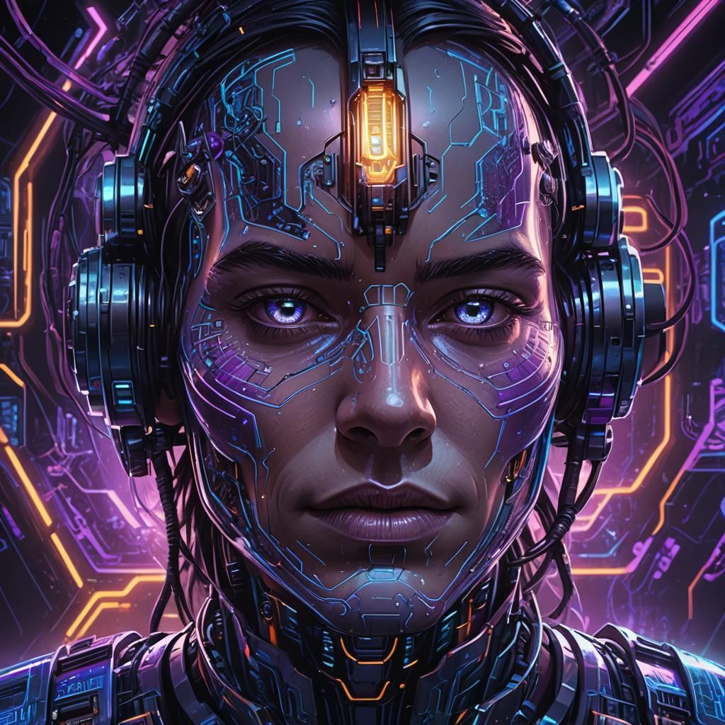 AI Circuitry Face in Science Fiction Illustration Style