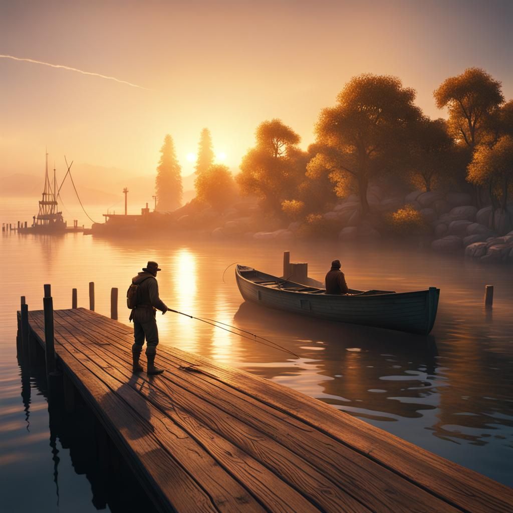 Warm Sunrise Illuminates Fisherman on Pier
