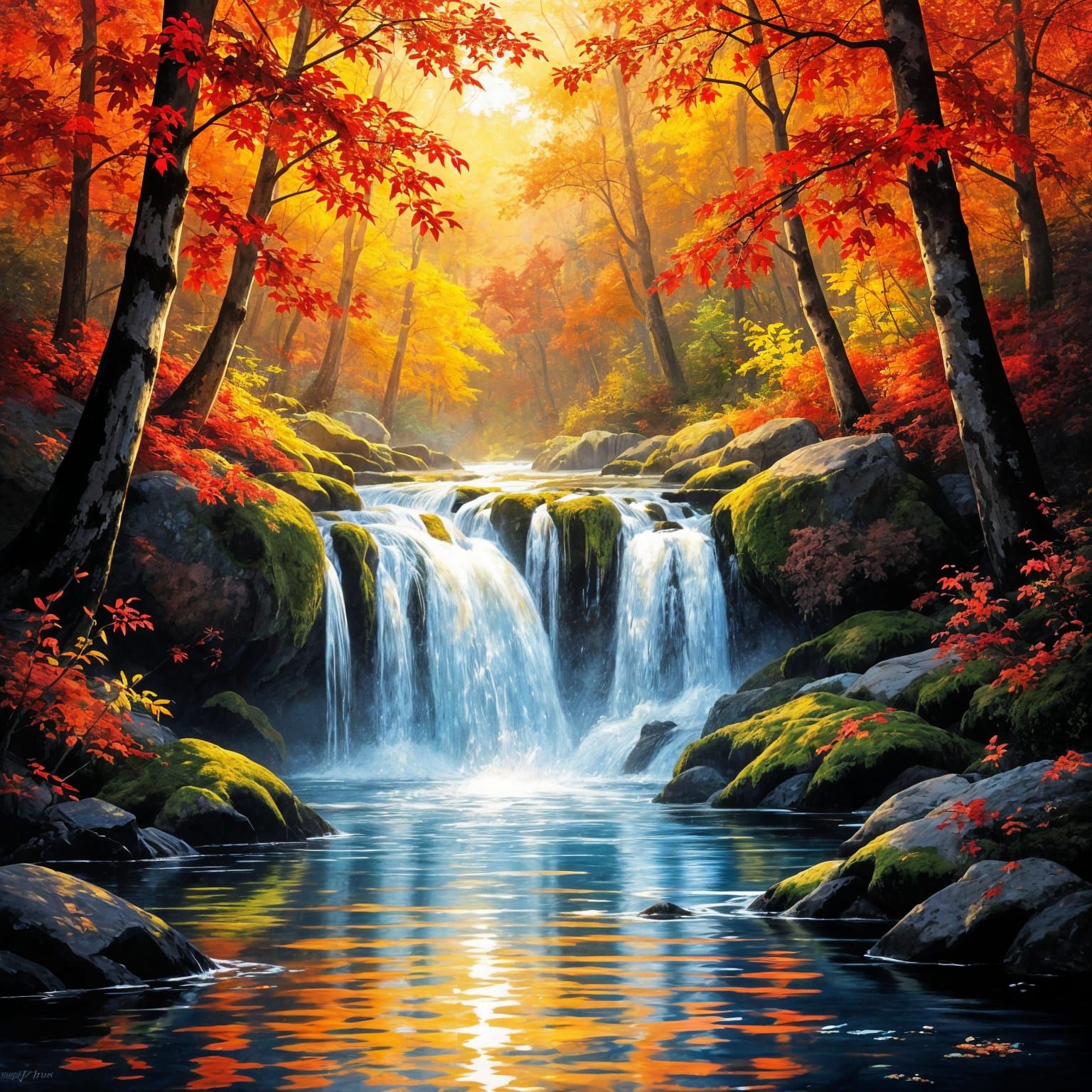 Dreamlike Oil Painting Of A Glowing Waterfall in Autumn