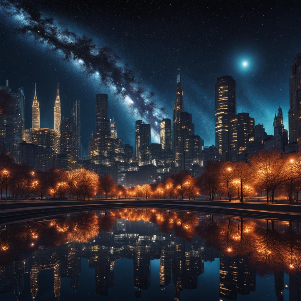 Intriguing Cityscape Reflection under Starry Night