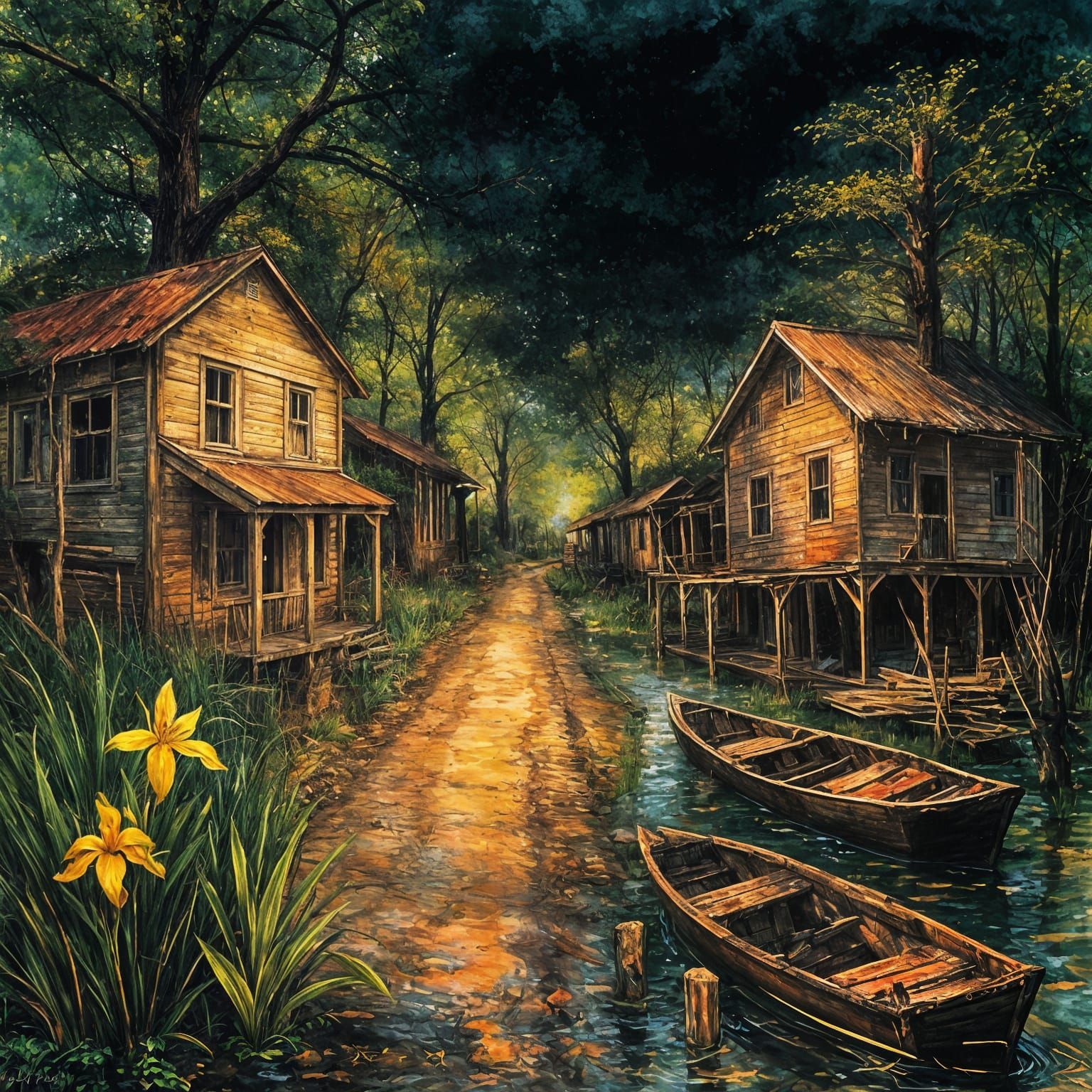 Louisiana Bayou Village in Alcohol Ink Style