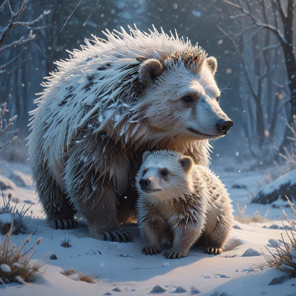 Whimsical Polar Bear Hedgehog Fusion in Icy Landscape