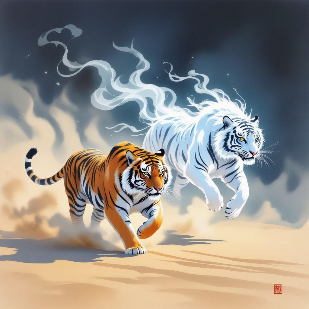 Tiger and Spirit Tiger in Surreal Watercolor Style