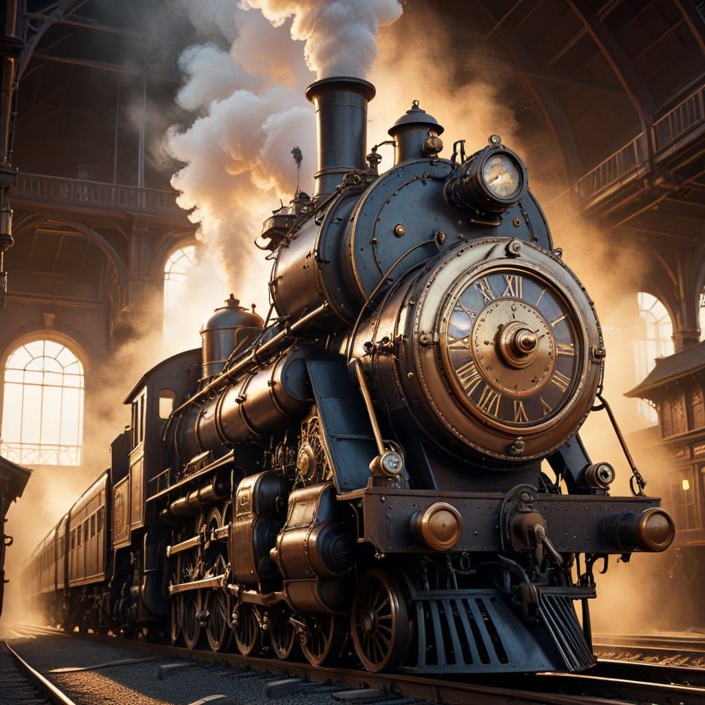 Steampunk Train Station in a Gilded Age of Industrial Wonder