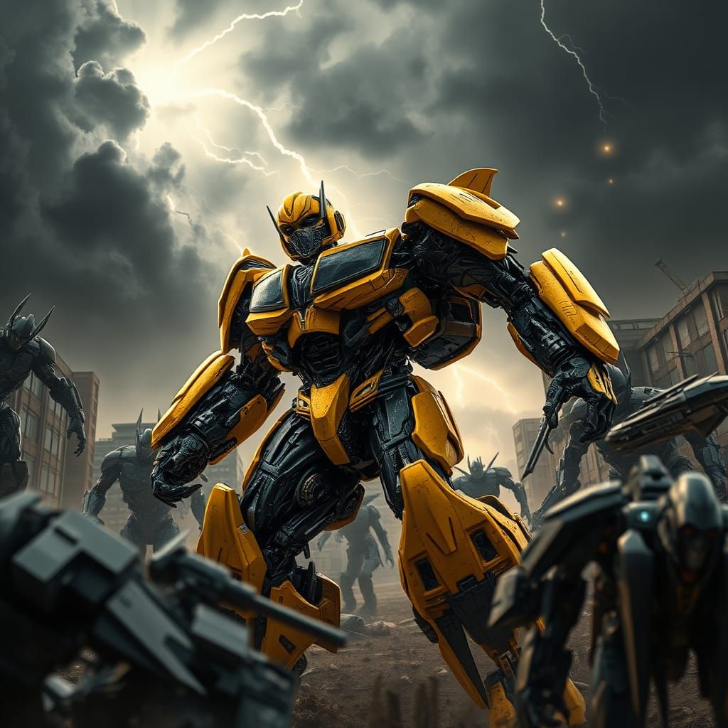 Bumblebee Battles Decepticons in Ravaged Cityscape