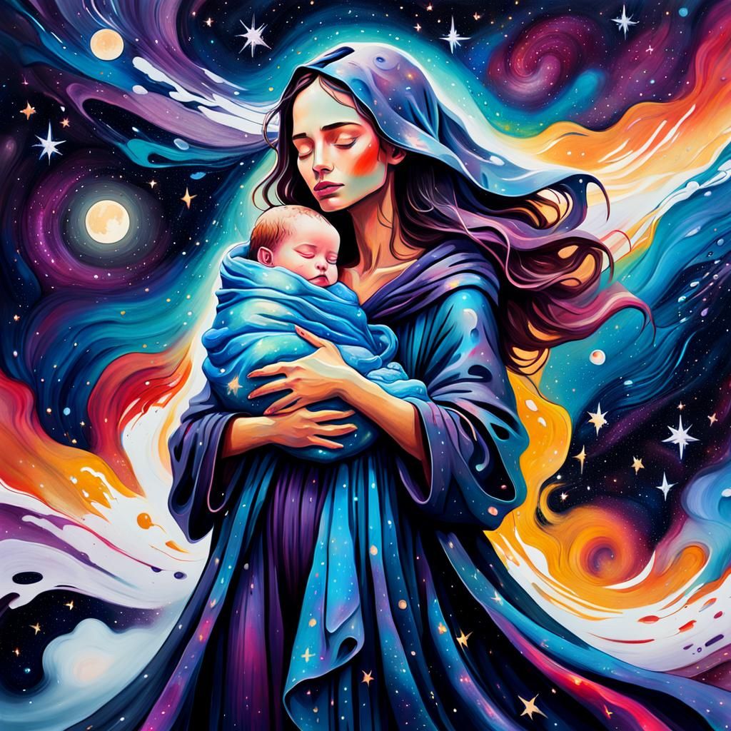 Cosmic Woman Cradles Newborn in Galaxy: Graffiti Art