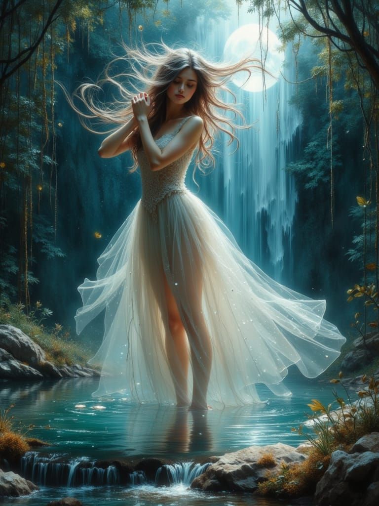 Ethereal Girl Under Moonlit Waterfall