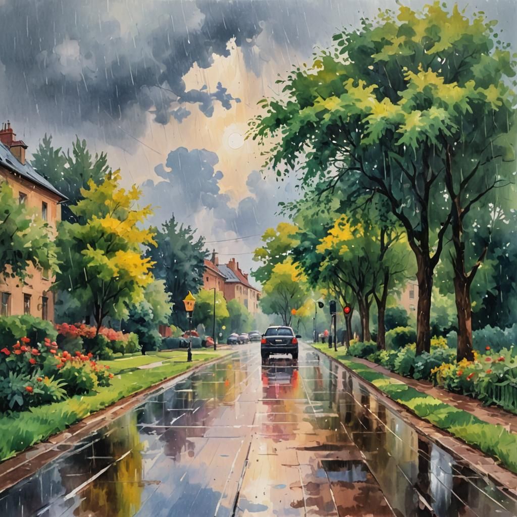 Rainy Summer Weather in Gouache Watercolor Style