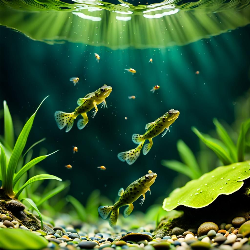 Tadpoles Swimming Upwards in Clear Water