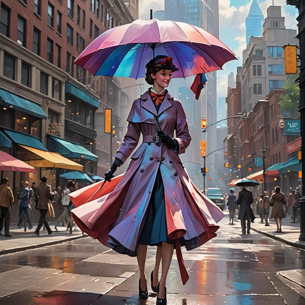 Mary Poppins in Anime Style with Colorful Umbrella
