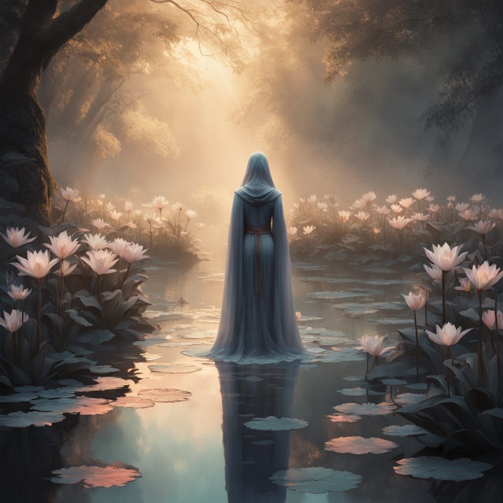 Ethereal Lady Emerges from Mystical Waters in Dreamy Lightin...