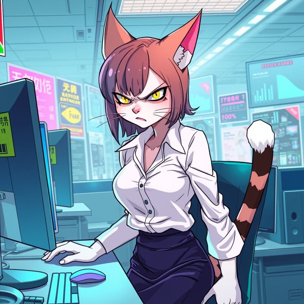 Disgruntled Cat-Girl in Futuristic Office, Anime Style