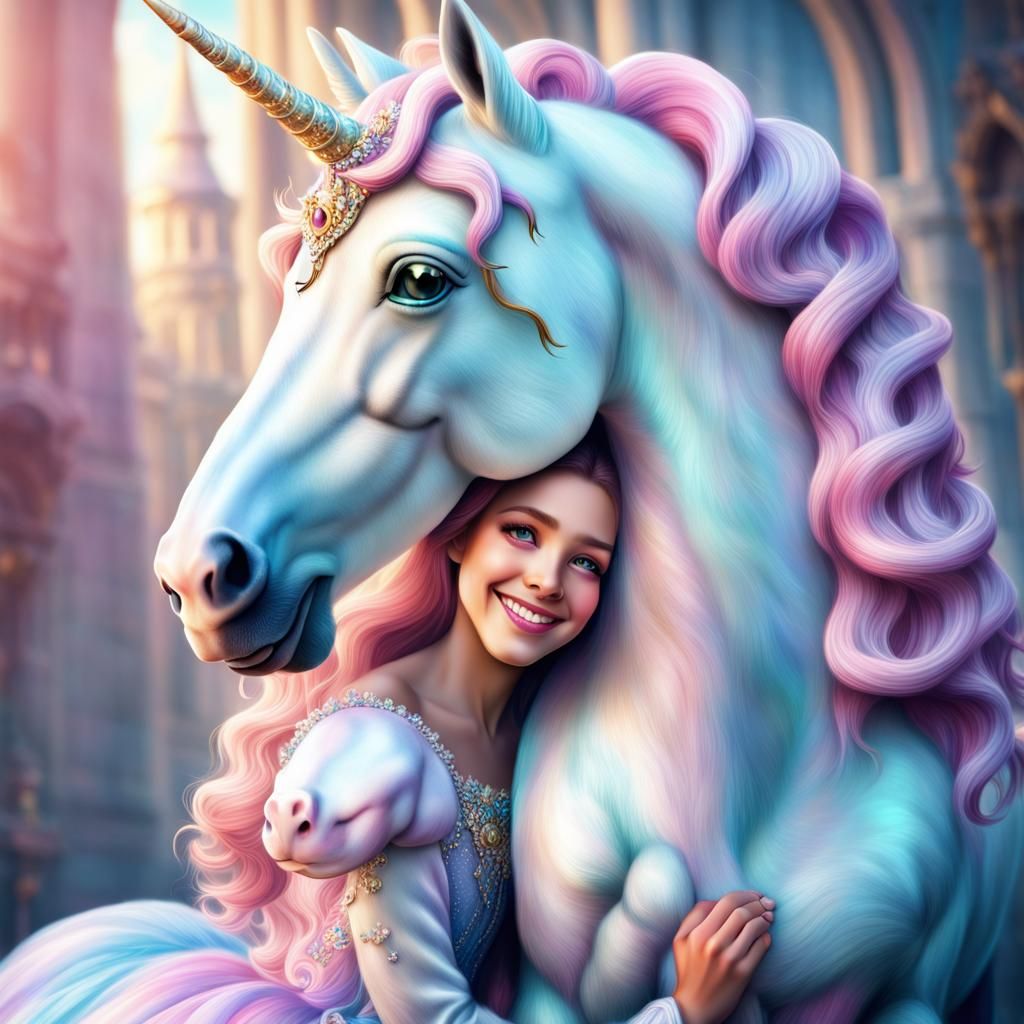 Princess Hugging Unicorn in Hyperrealistic Style