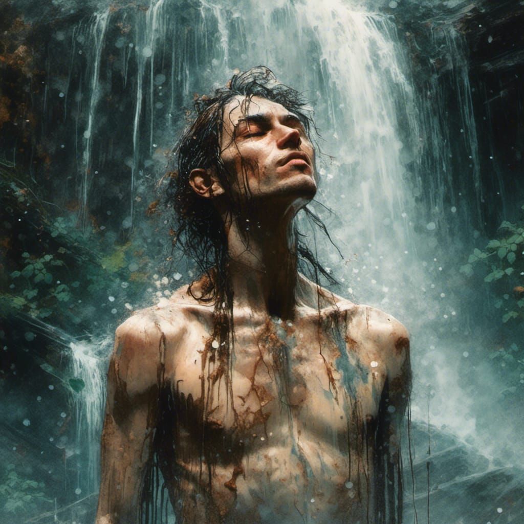 Man Beneath Waterfall in Lush Ecosystem