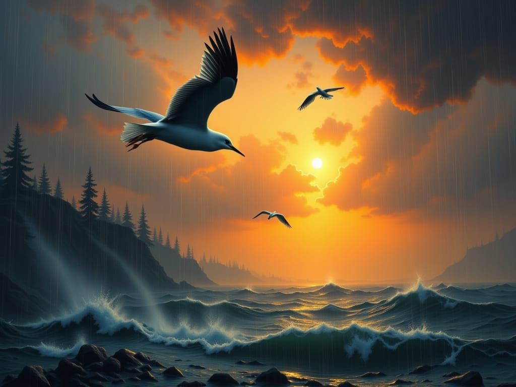 Seabird Soaring Through Sunset Rainstorm