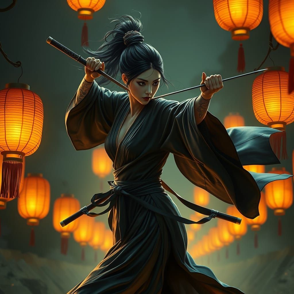 Asian Woman Dances with Ninjas in Fantasy Style
