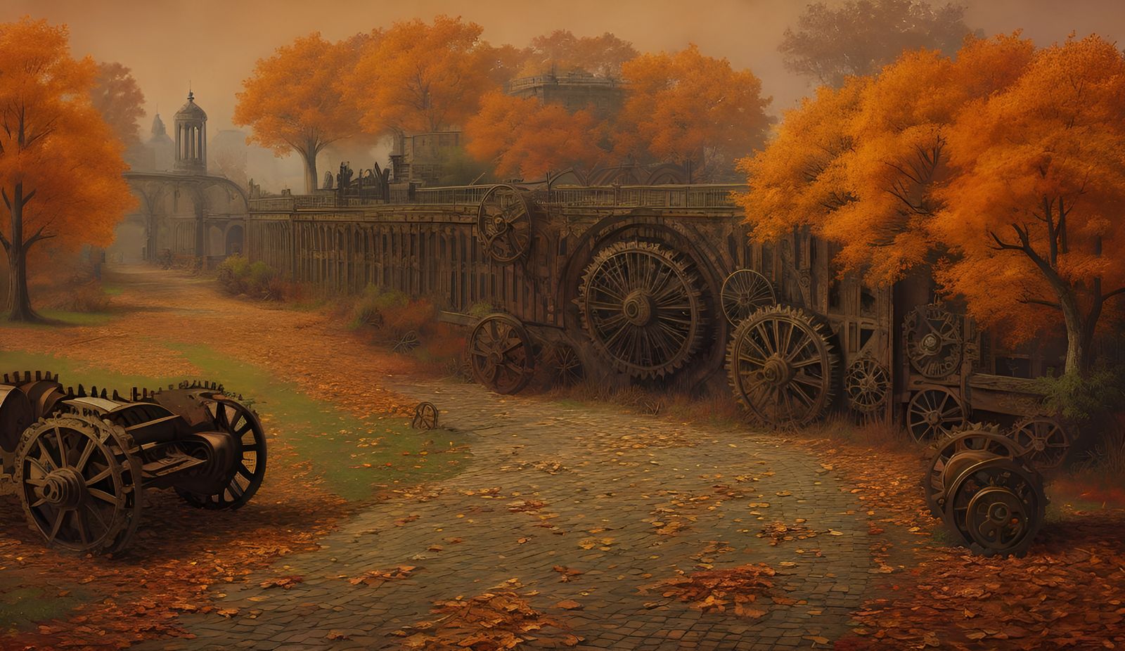 Steampunk Autumn Landscape with Falling Leaves