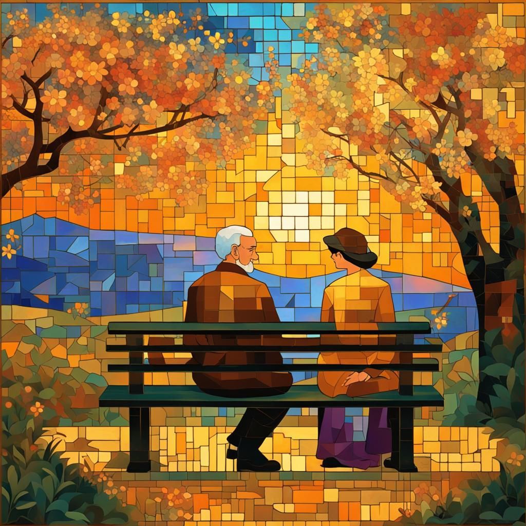 Golden Mosaic: Old Man and Girl in Geometric Fauvism