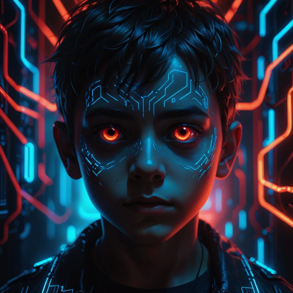 Boy with Glowing Eyes in Dark Fantasy Digital Art