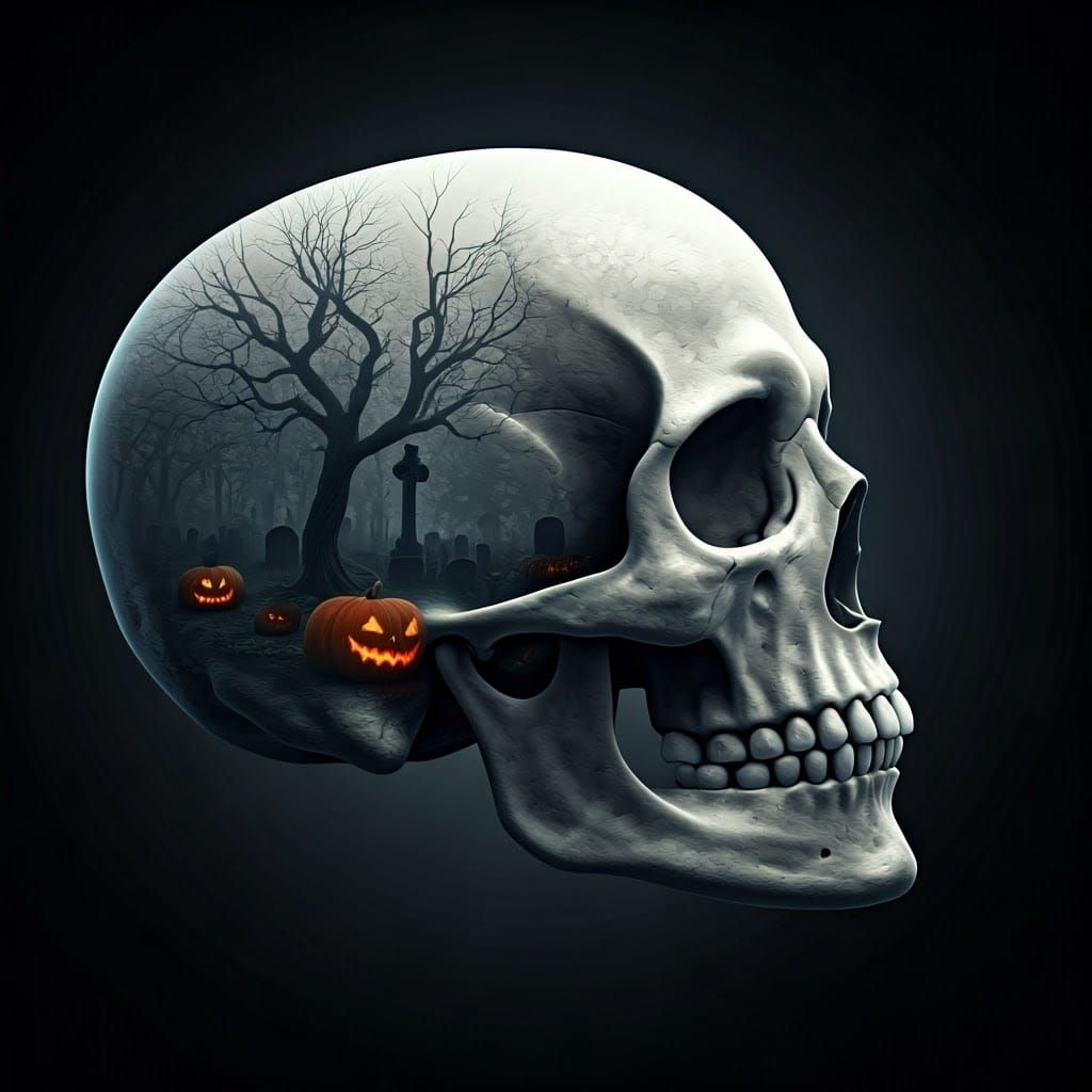 Ethereal Skull Double Exposure with Cemetery Scene