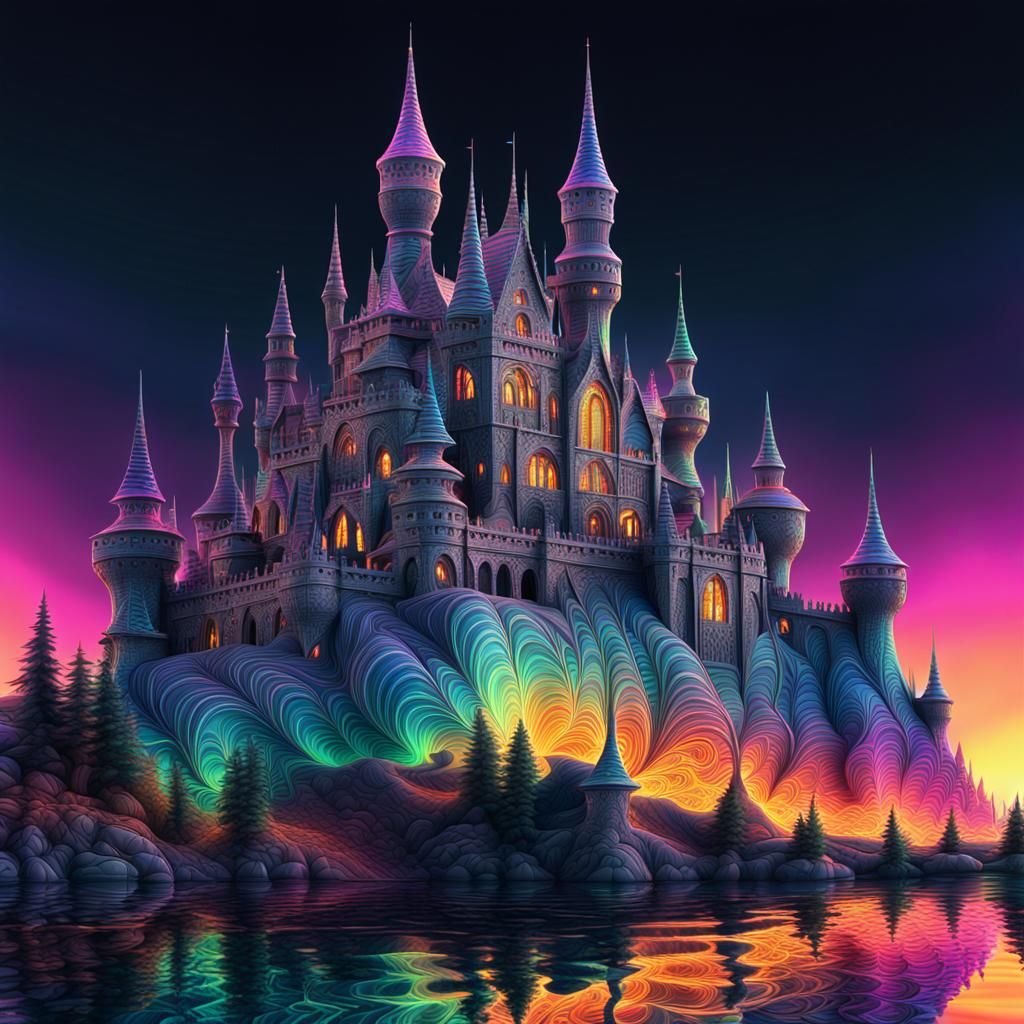 Mystical Riverside Castle in Abstract Fractal Art