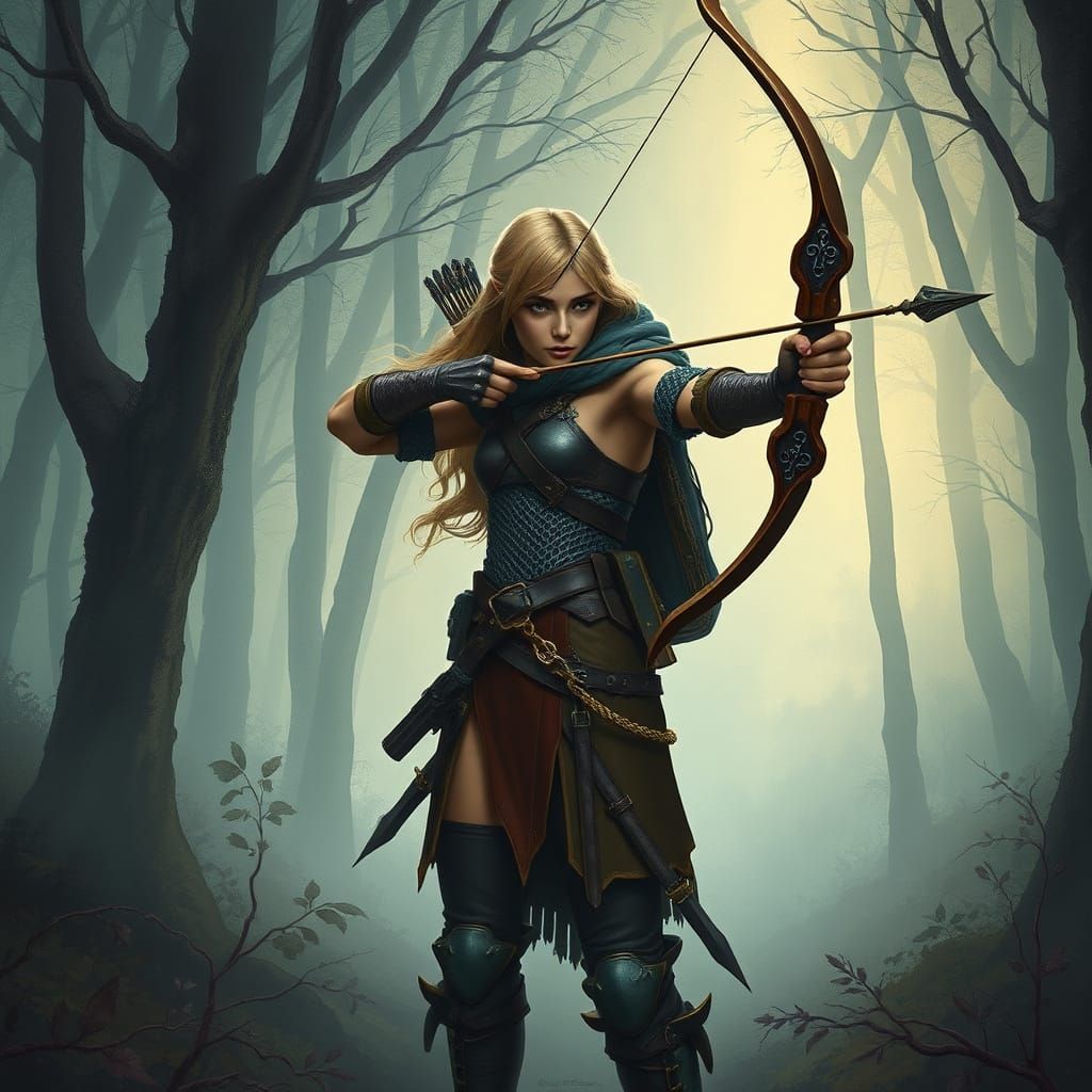 Heroic Female Archer in Mystical Forest