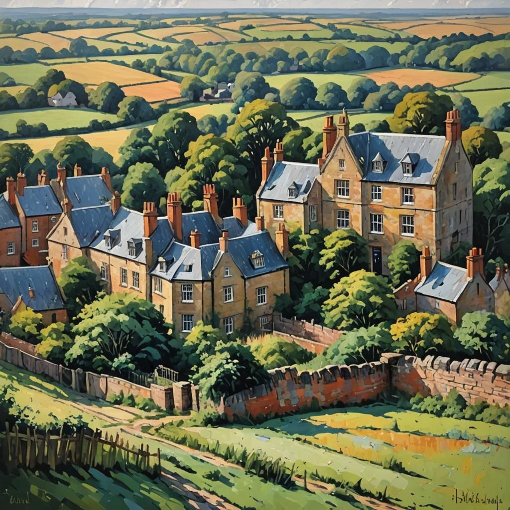 East Yorkshire Manor, Neo-Impressionist Oil Painting