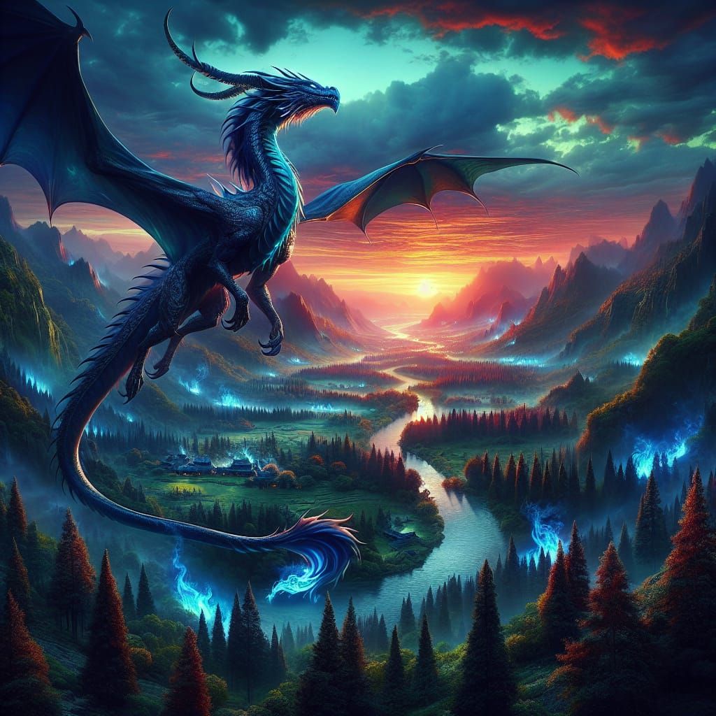 Majestic Dragon Dominates Enchanting Valley at Sunset