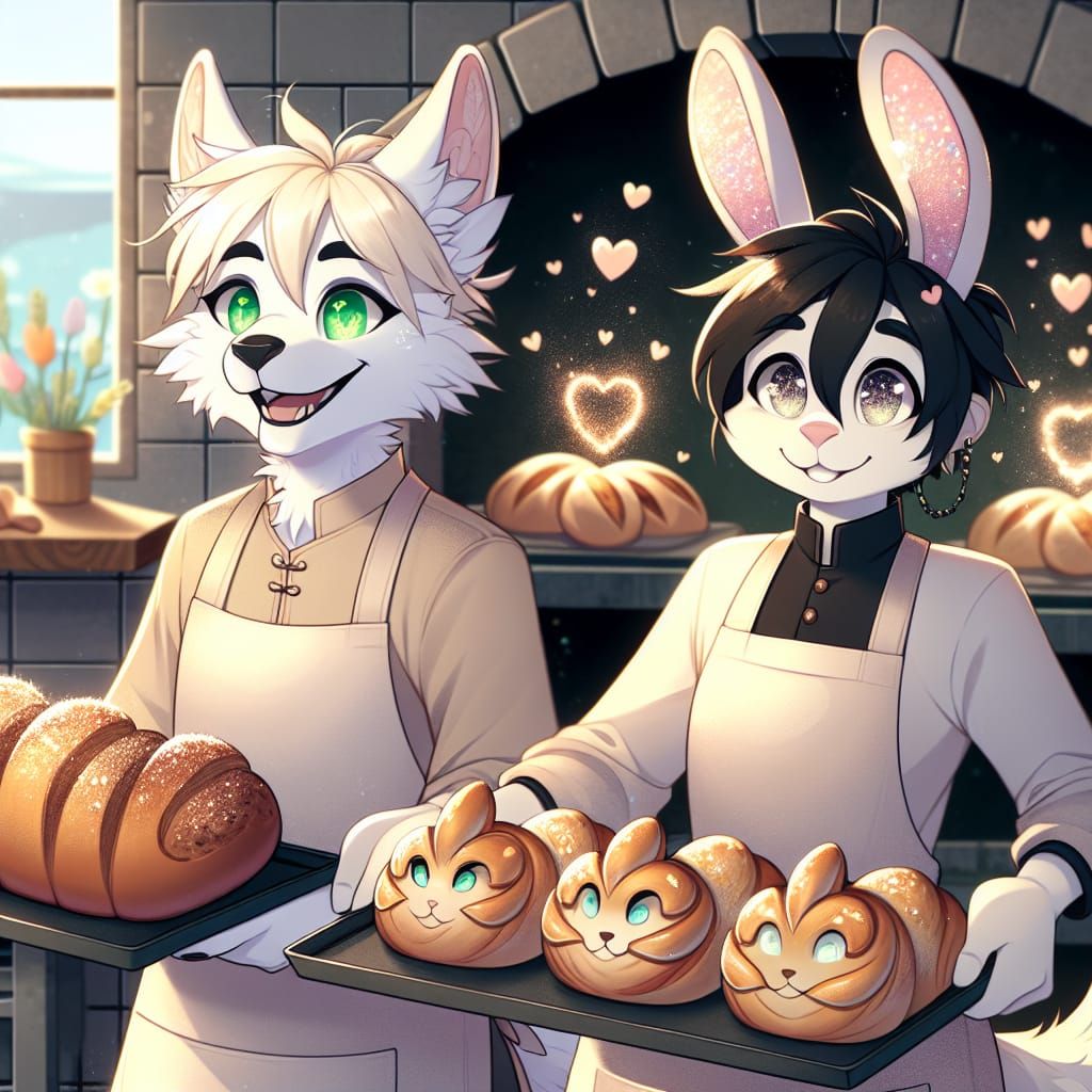 Wolf boy and rabbit boy making rabbit-shaped bread buns at the bakery