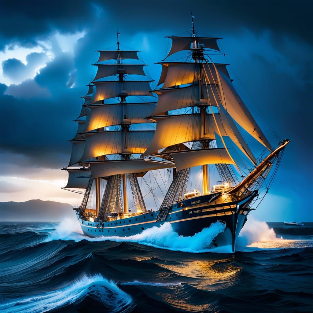 Hyperrealistic Tall Ships at Night Under Full Sail