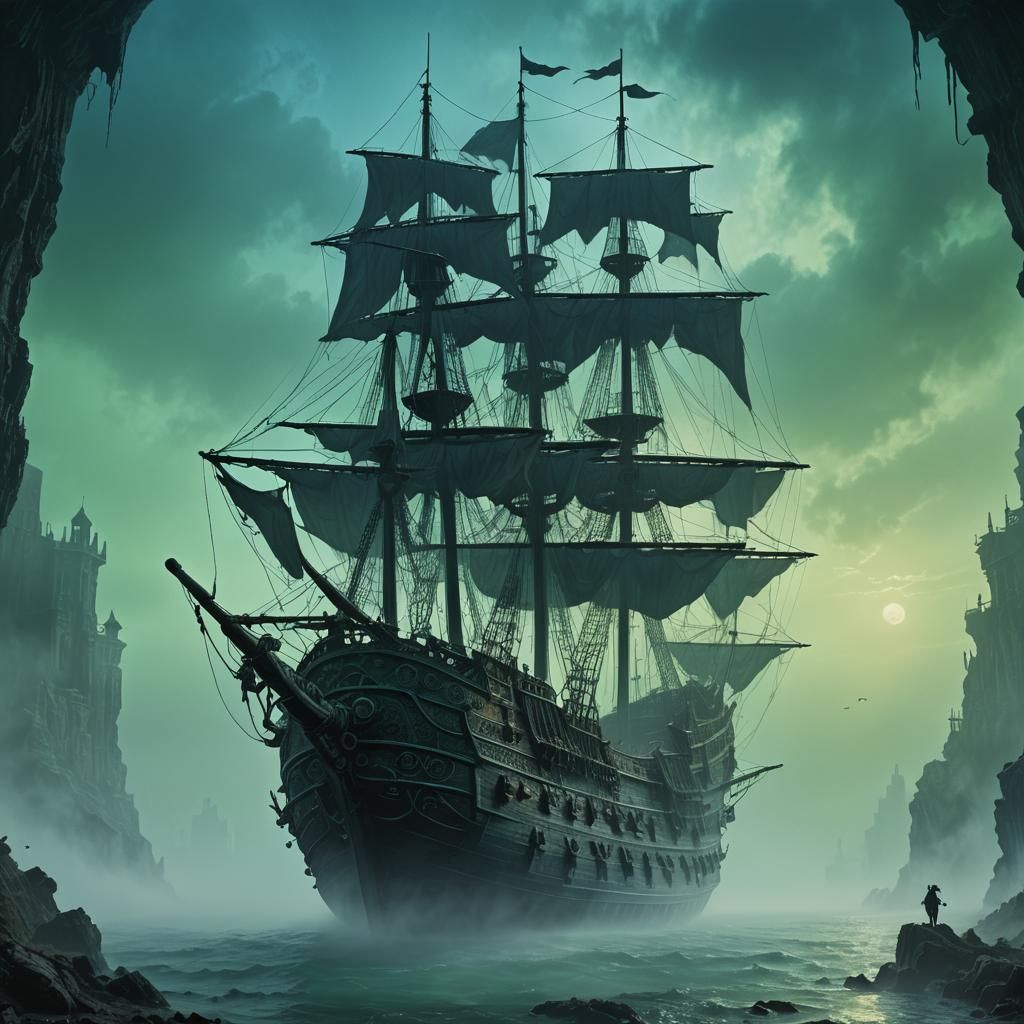 Gothic Pirate Ship in Eerie Morning Fog