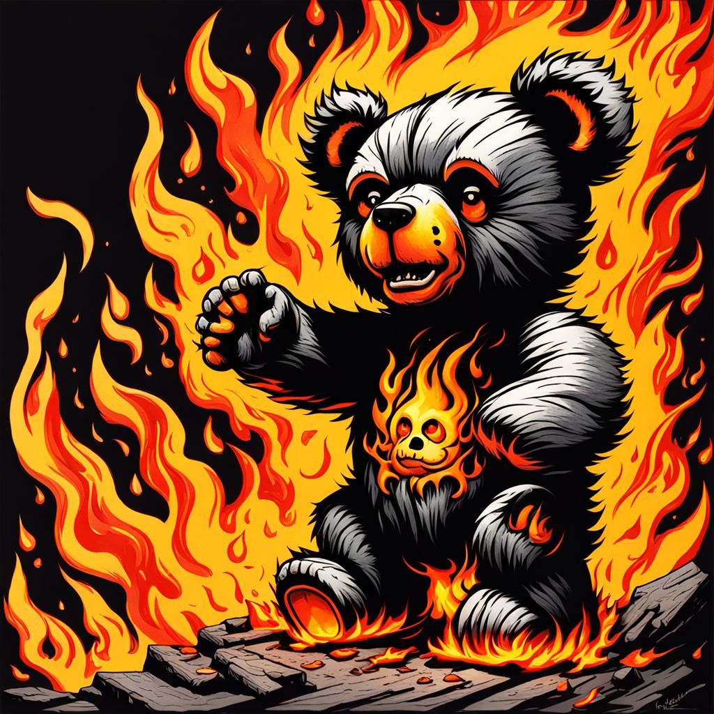 Ethereal Ink Art: Sad Teddy Bear on Fire