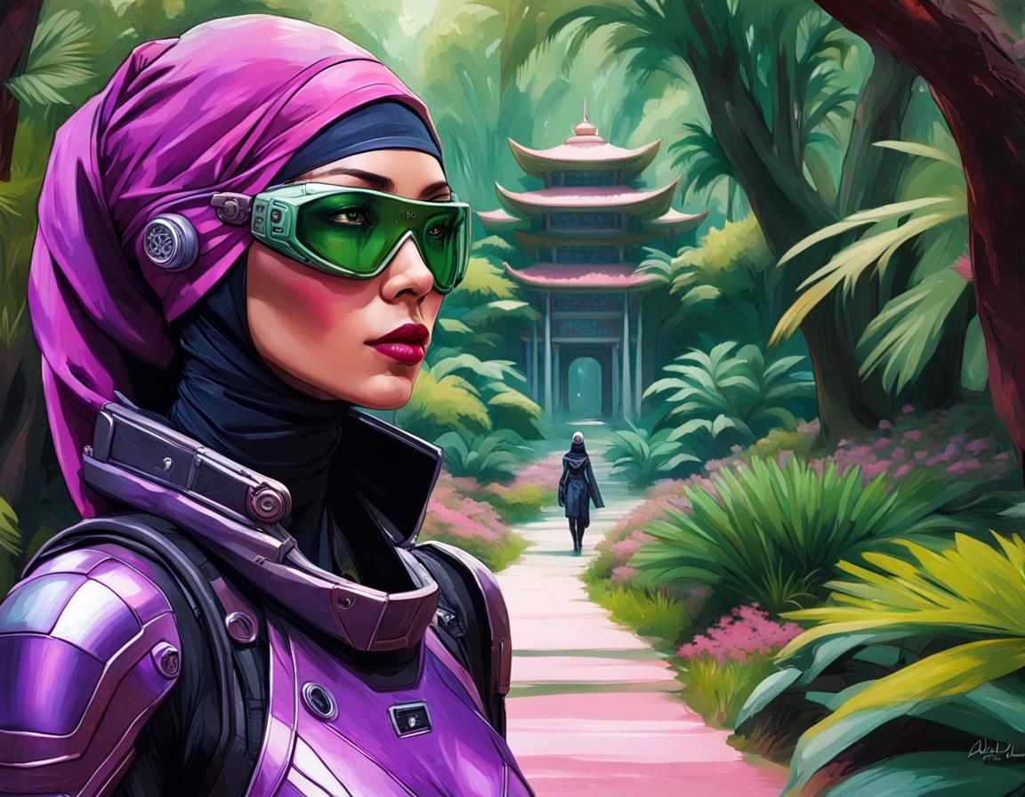 Ninja in Cyberpunk Garden, Digital Art