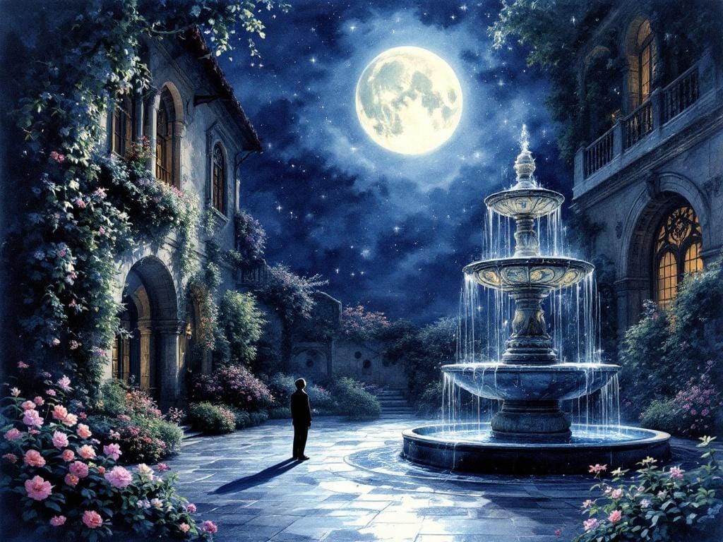 Moonlit Renaissance Courtyard in Watercolor Style