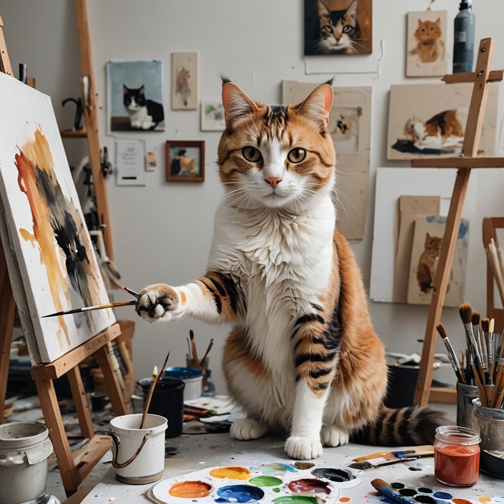 Cat Artist at Work in Cozy Studio