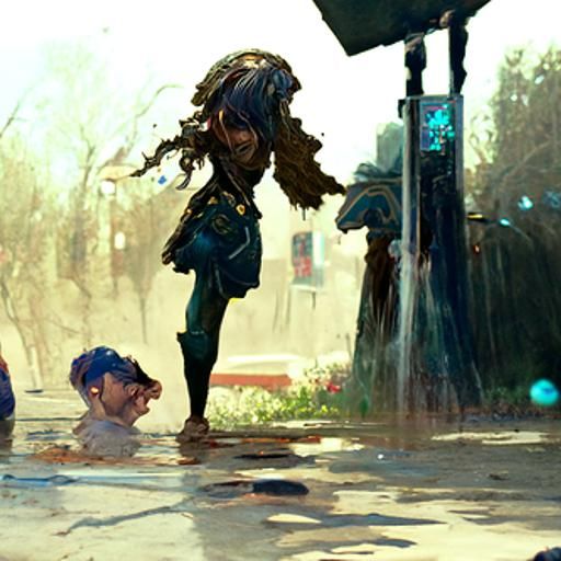 Girl and Father in Puddles: Hyperdetailed Portrait