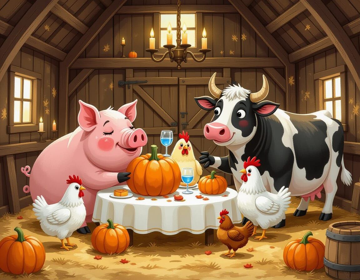 Farm Animals Feast in Candlelit Barn