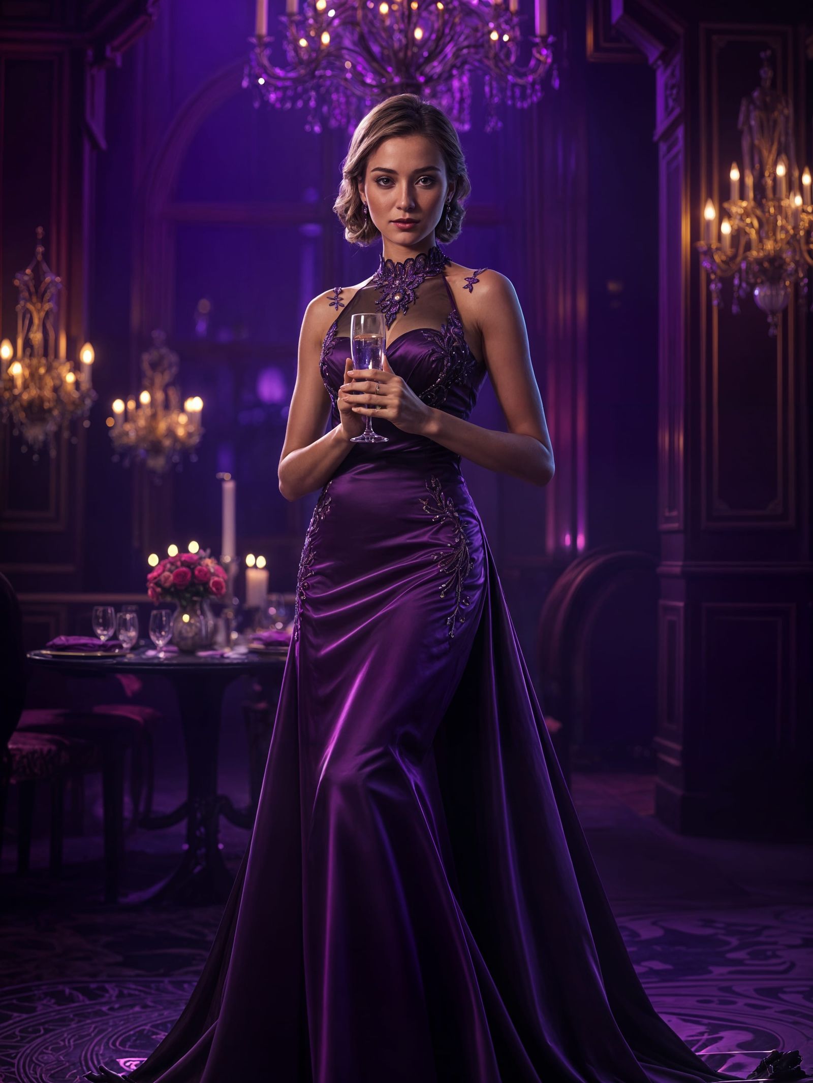 Posh Woman in Evening Dress with Champagne