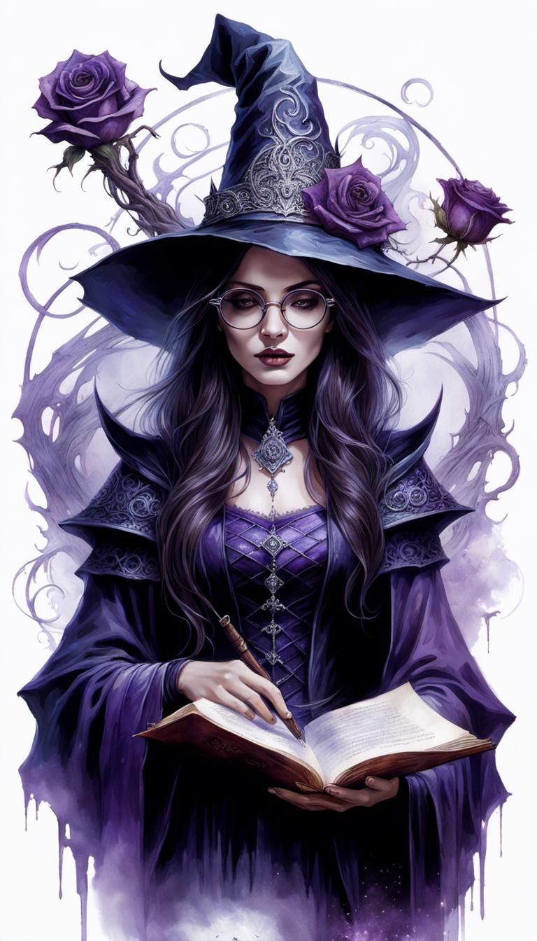 Gothic Witch Reading Scroll in Ethereal Library