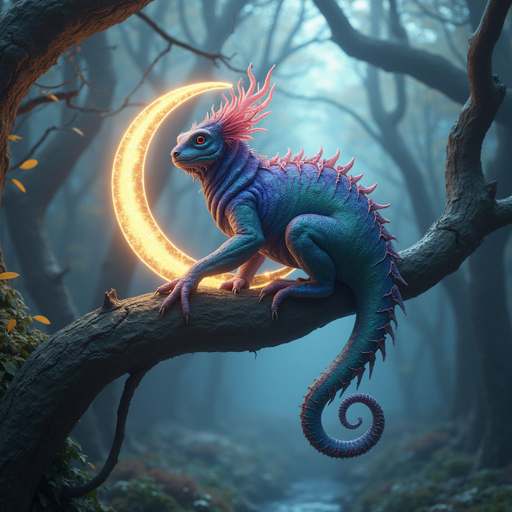 Iridescent Creature in Lunar Forest: Digital Matte Painting